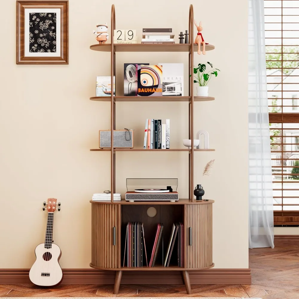Elevated Vinyl Record Storage Unit, 4-Tier Curved Bookcase With Glide Doors, Vi…