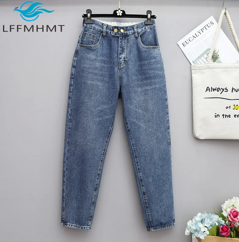 

XL-6XL Large Size Women's Cotton Denim Pants Female Vintage Loose Casual Harem Jeans Korean Style Deep Blue Ankle Length Trouser