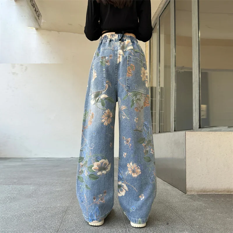 

Fashion Jeans with Floral Print For Girl Trendy Denim Pants Teens Child Wide-leg Flower Jeans Trousers Designer Kids High Street