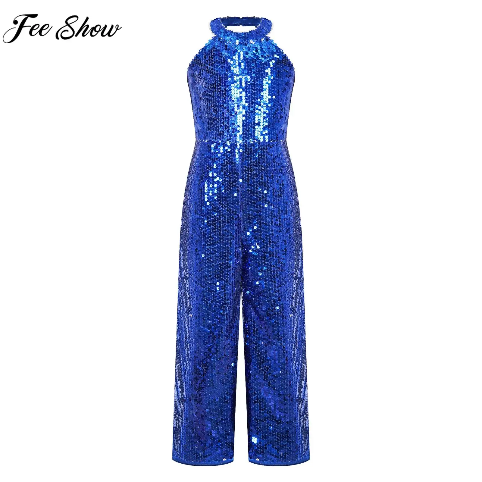 Teen Girls Sequin Party Bodysuit Sleeveless Halter Neck Jumpsuit Birthday Wedding Party Evening Dance Sage Performance Rompers