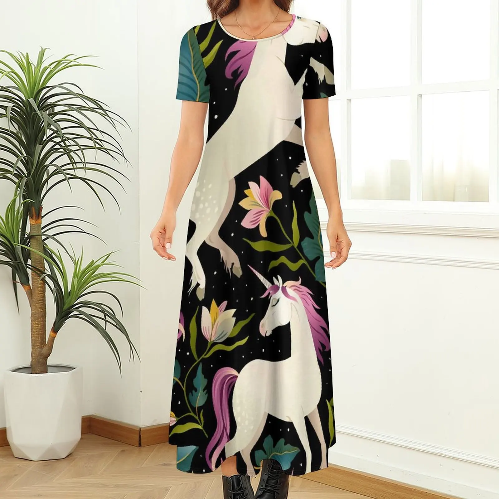 Vestido de unicornio de dibujos animados con estampado de flores, vestido Maxi moderno para mujer, vestidos largos bohemios estéticos de manga corta para playa, talla grande 6XL 7XL