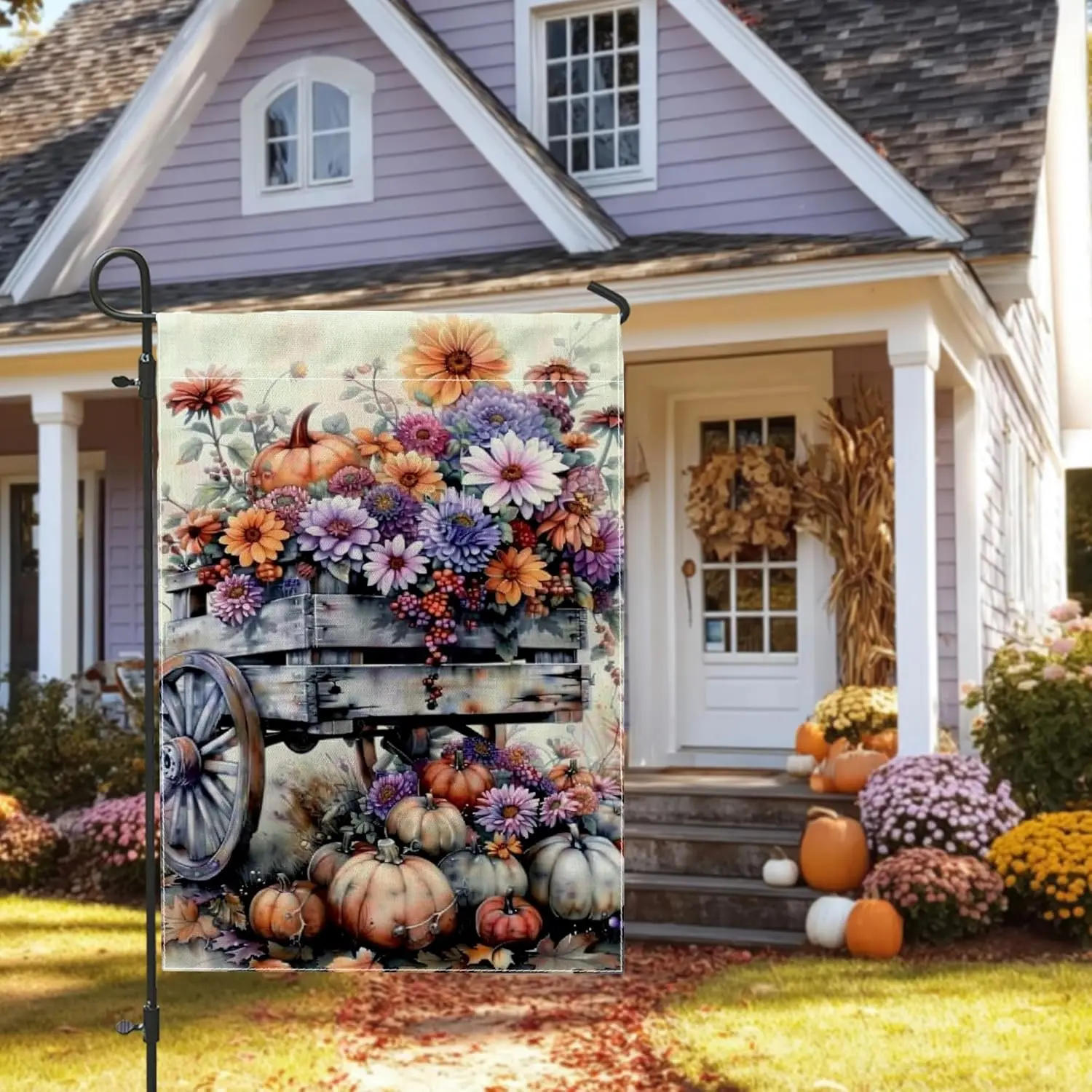 Autumn Floral Garden Flag, Colorful Pumpkin Flower Wagon Outdoor Decor Banner, Double Sided Burlap Yard Flag Fall Harvest La SSL