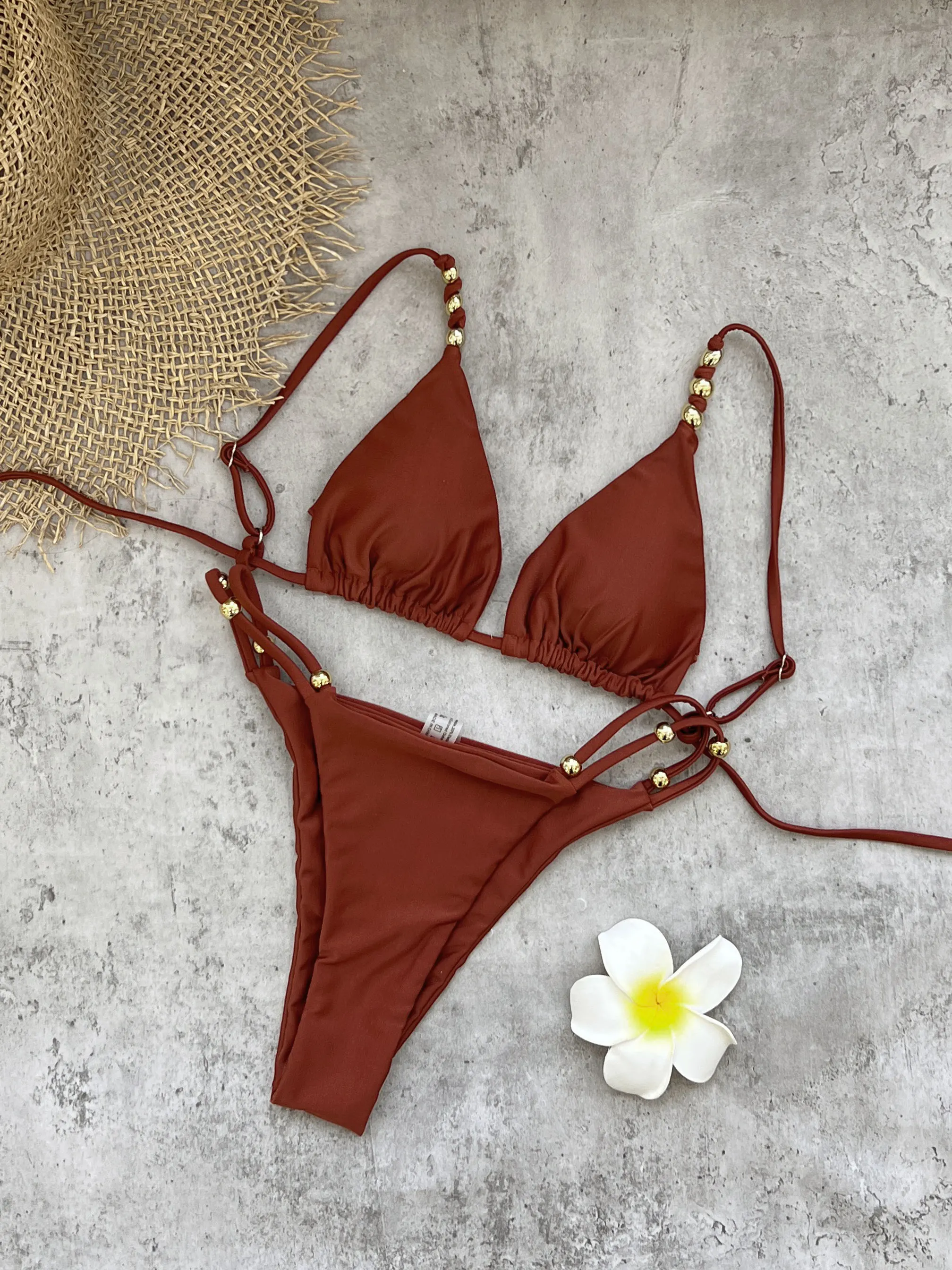 Metal Beaded Bikini 2026 Women Swimsuit Vintage Lady Triangle String Biquini Bathing Suit Mujer Seaside Beach Swimwear Beachwear