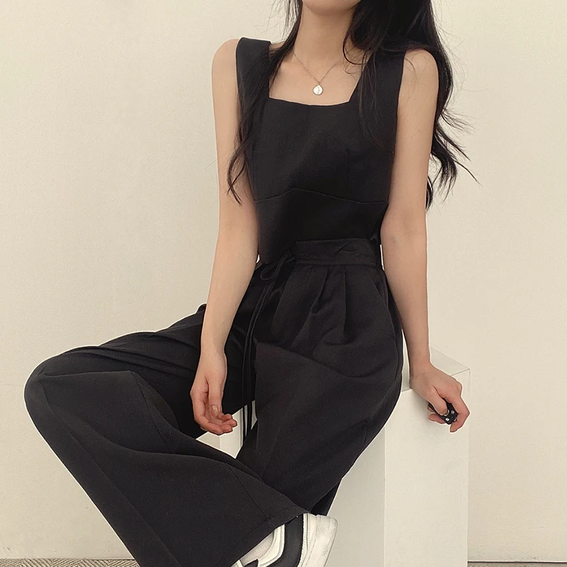 

Летний жилет Ele, широкие брюки с высокой талией, брюки длиной до пола, шикарный свободный комплект с квадратным воротником