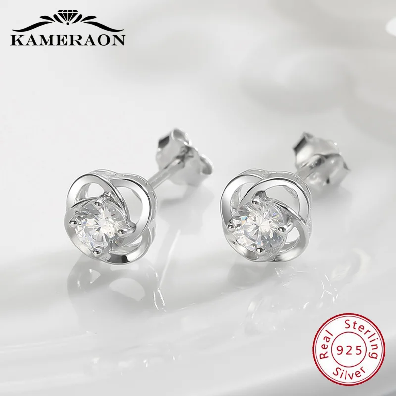 Kameraon 925 Sterling Silve Lotus Small Stud Earrings Women Crystals Catkins With Zircon Stones Earing Party Shine Jewelry