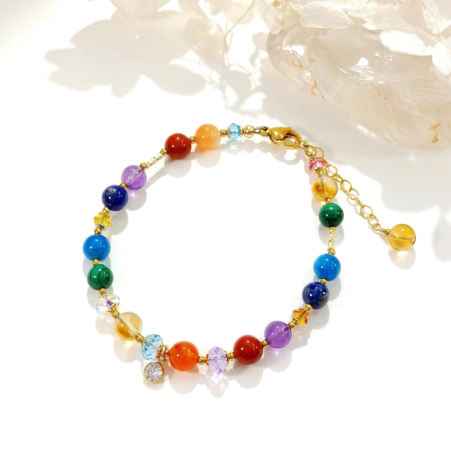 Lii Ji Natural Rainbow 7 Chakras 6mm American 14K Gold Filled Charms Handmade Bracelet