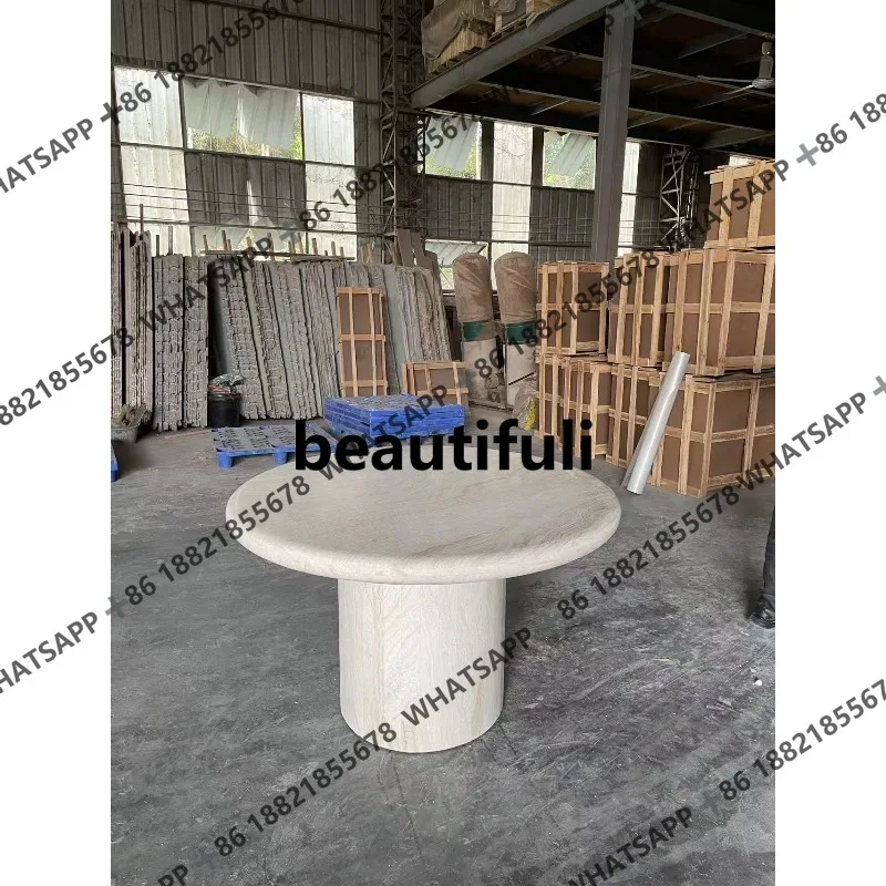 

Dining table marble travertine round table natural wabi-sabi style high-end designer dining table