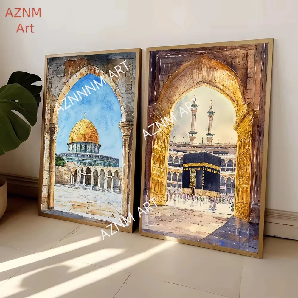 Al-Aqsa Mosque Kaaba Islamic Canvas Poster Watercolors Decorative Painting Modern Pictures Living Room Home Decor Cuadros