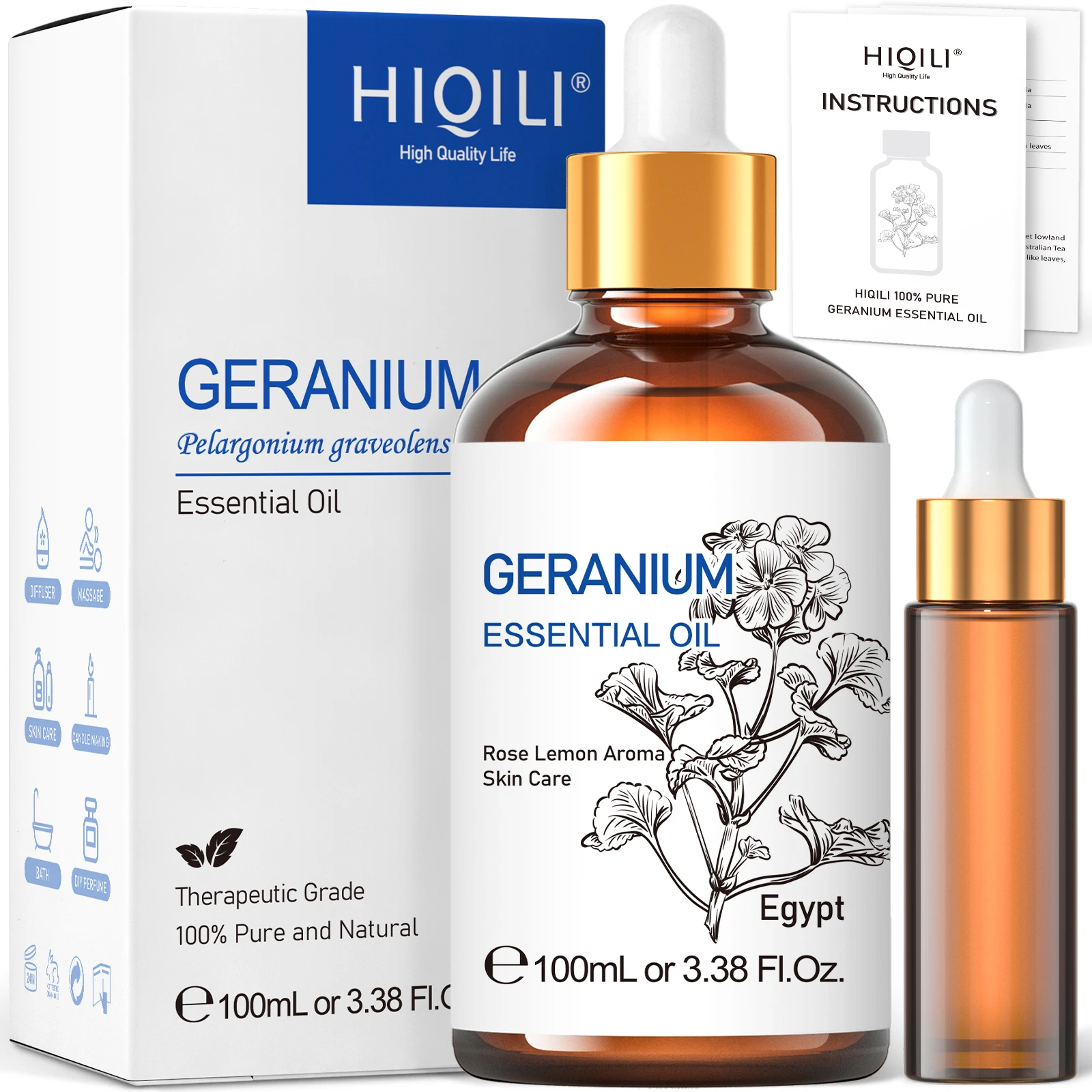 HIQILI 100ML Geranium Essential Oils,100% Pure Nature for Aromatherapy, Diffuser, Humidifier, Massage, Relieve Anxiety & Stress