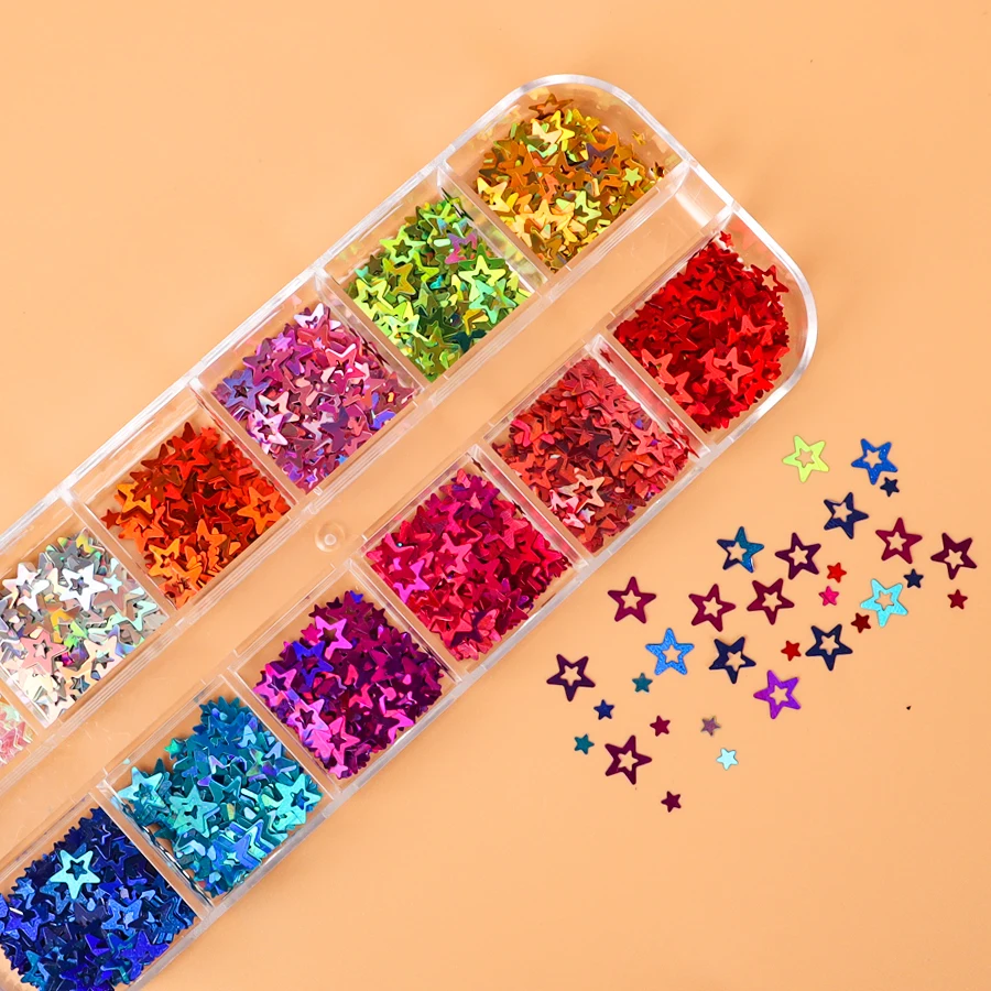 Explosive Flash Fashion Suitable for Nail Salon Acrylic Daily Use DIY Nail 12 Grid Laser Hollow Star Nail Glitter Decoration