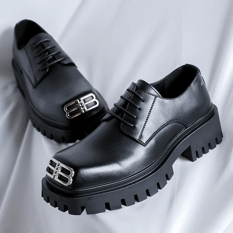 Men Casual Leather Shoes Fashion Derby Shoes Square Toe Trendy Designer Shoes for Men Sneaker Lace-up Thick Sole Heightened Shoe