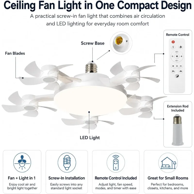 E27 Dimmable LED Bulb Ceiling Fans 2 in 1 Socket Fan Light Drone Fan 3-Speeds with Remote Control for Bedroom Kitchen Garage