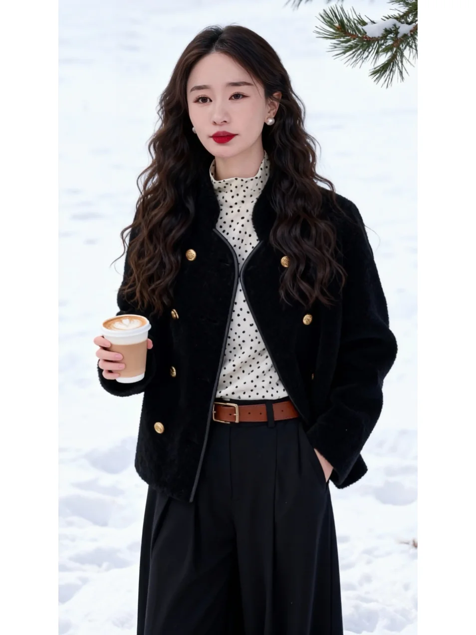 Elegant Short Women's Jacket Double Row Gold Buckle Black Chic Style Winter New Arrival Breathable Straight Cut Fashionable O...