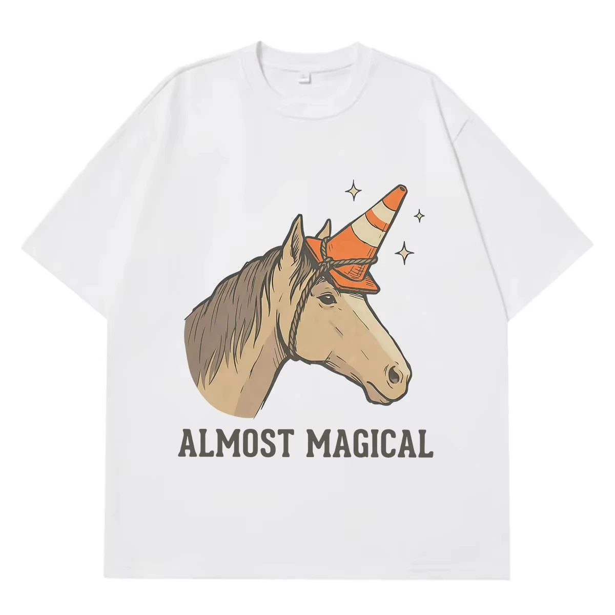 Almost Magical Funny Horse Traffic Cone Meme T-shirt Men Women Vintage T-shirt Summer Short-sleeved Loose Casual Cotton T-shirts
