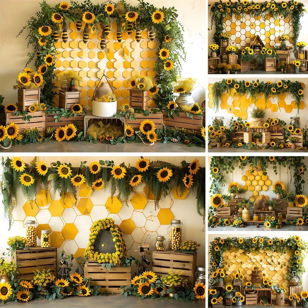 

Mocsicka Newborn Photography Background Sunflower Bee Green Leaves Baby 1st Birthday Photo Backdrop Photo Studio Photocall Props