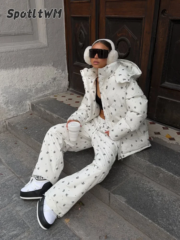 Women's Floral Print Hooded Puffer Snow Suit Two Piece Outfit Lady Thick Warm Windproof Ski Jacket And Wide Leg Snow Pants Set