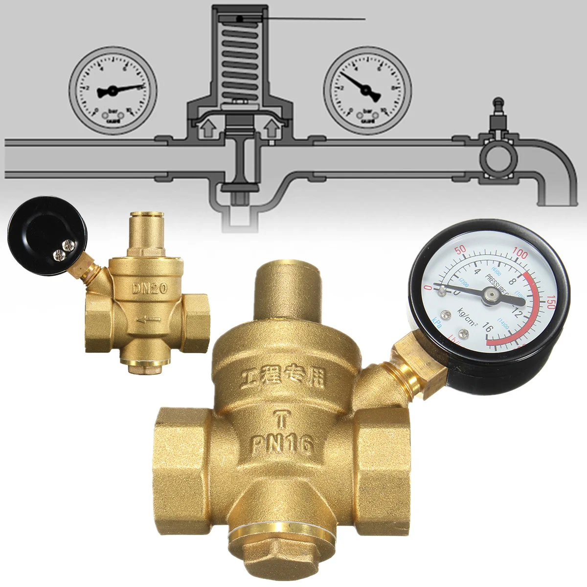 DN20 NPT 3/4'' Regulator Brass Water Pressure Regulator Reducer PN 1.6 Adjustable With Gauge Meter for Hydraulic/Water Purifier