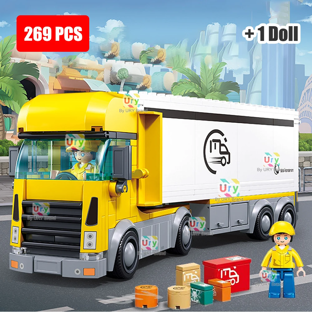 City Traffic Car Yellow Logistics Container Van Truck Express Station Set Figures Model Building Blocks DIY Toys for Boys Gifts #1