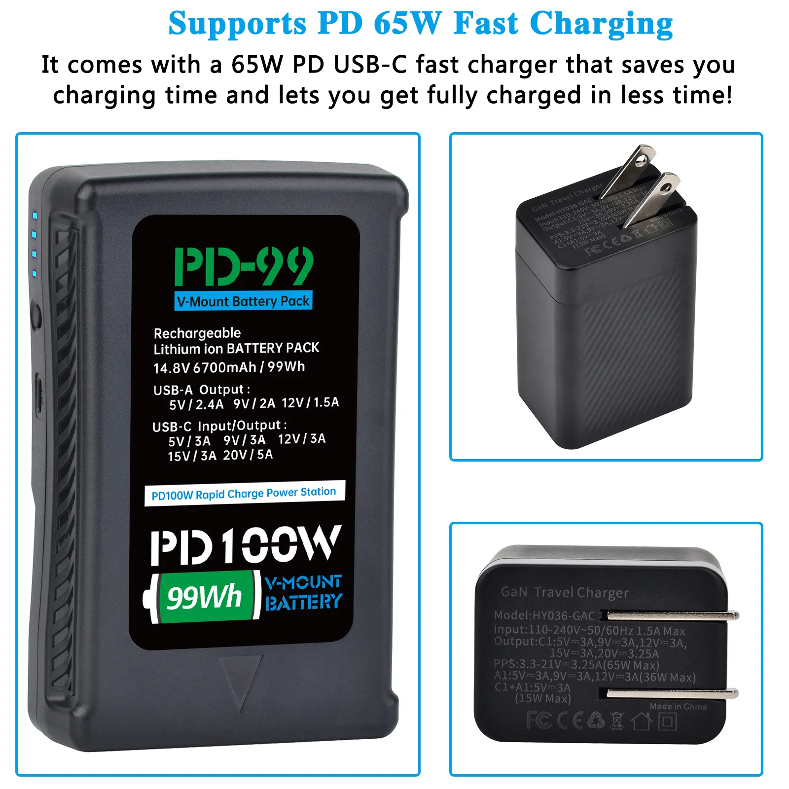 Аккумулятор с V-образным креплением, порт USB-C и адаптер переменного тока мощностью 65 Вт для видеокамеры Sony Broadcast, светодиодная видеолампа Blackmagic URSA Mini Pro