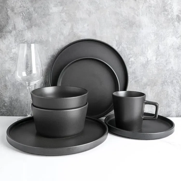 16 Pcs Juego De Vajillas Tableware Custom Design China Factory Rustic Wholesale Price Stonewar Ceram Black Set Dinnerware