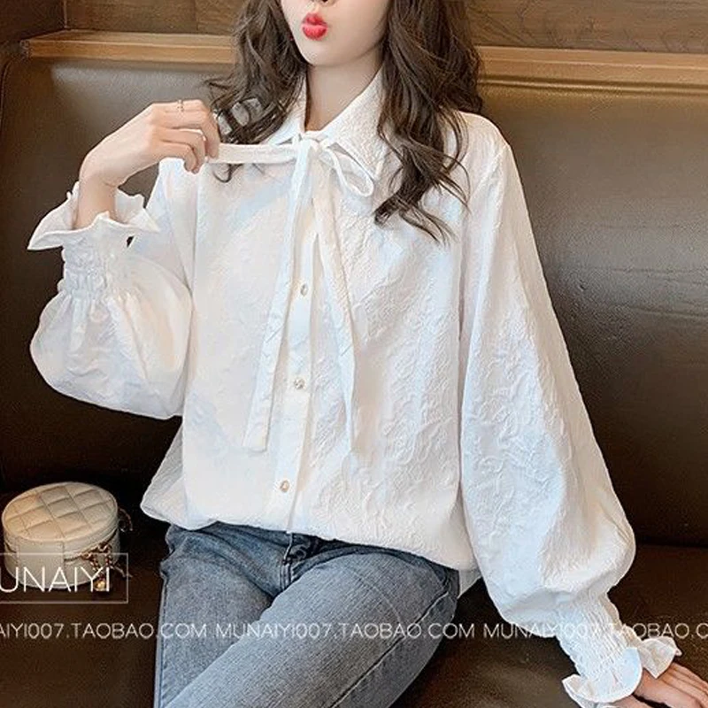 Women\'s Vintage Lace Up Bow Sweet Chic Texture White Casual Street Oversized Blouse Shirt Korean Fashion Flare Sleeve Top Female