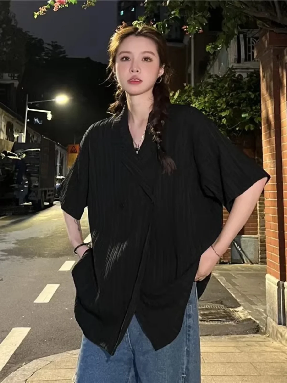 

Extra Large 300 Pounds Textured Folded Short Sleeve Women's Shirt Summer Design Unique Open Cardigan Shirt Jacket 240 Korean ...