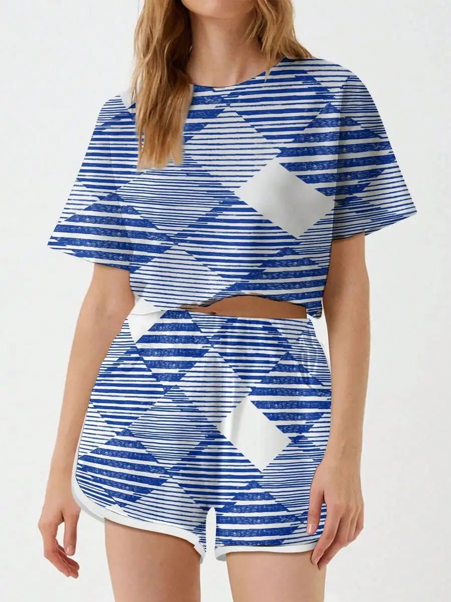 

Womens 2 Piece Blue White Striped Diamond Print Crop Top And Shorts Set