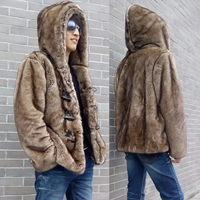 

Winter Hooded Faux Fur Coat Men Thick Warm Button Fur Coat Korean Fashion Brand Outerwear Plus Size Casual Long Sleeve Snowsuit