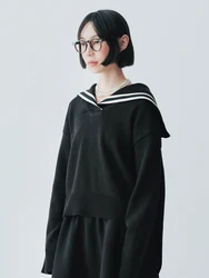 IMAKOKONI Original Design Collar Hoodie Black Stripe Solid Color Sweater for women Autumn/Winter 244793