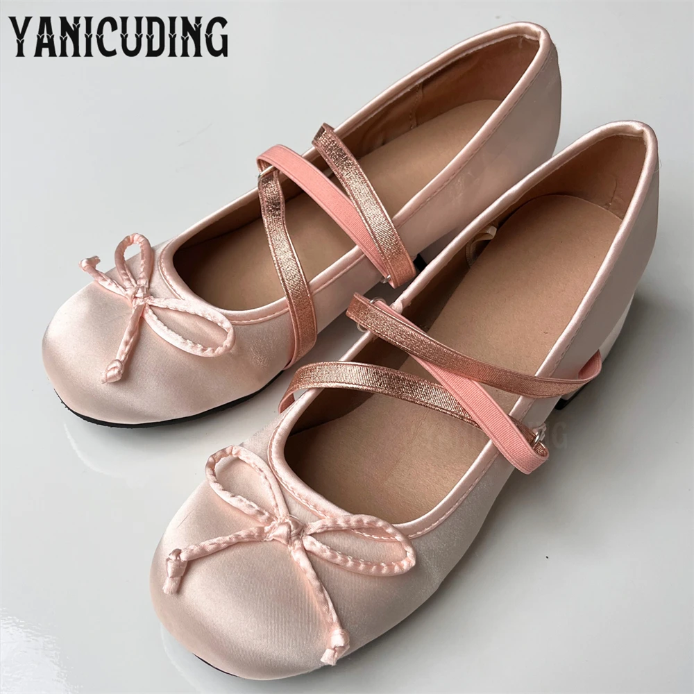 Pink Satin Ballet Heels Ribbon Elastic Straps Mary Jane Shoes Sweet Style Comfortable High Heels Lolita Round Toe Flat Shoes New