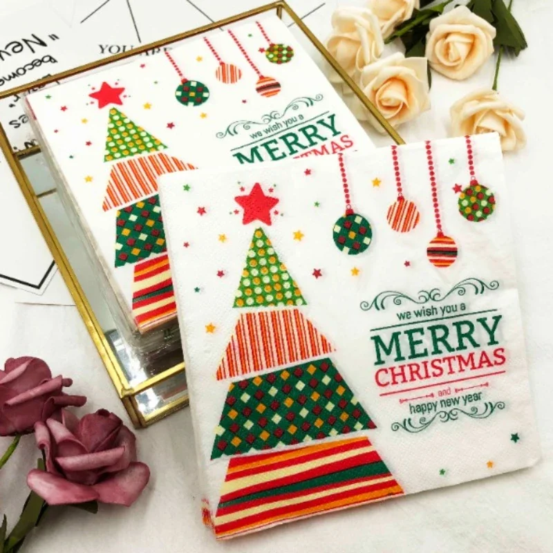 New Christmas Tree Colorful Printed Napkins Square Paper Napkins Restaurant Cafe Folded Facial Tissue 2 Ply 33*33cm Food Grade