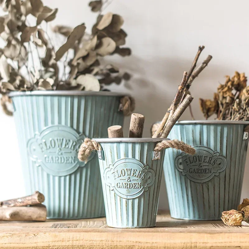 European Style Blue Flower Pot Dry Basket Decoration Vintage Iron Vase Office Decor Succulents Pots Garden Floor Plant Pots
