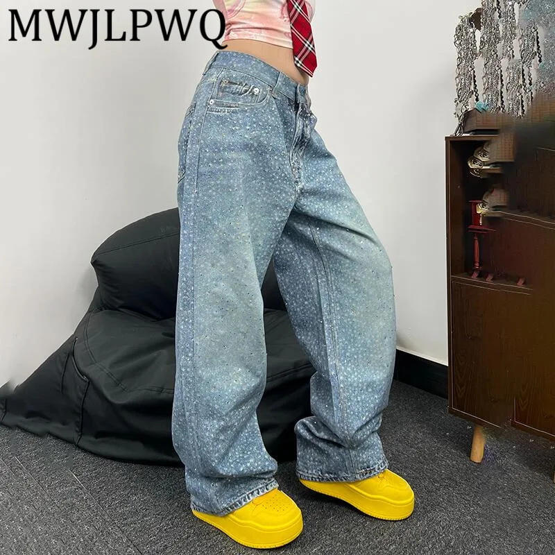 

MWJLPWQ American Street Style Straight Wide-Leg Jeans Men's Design Sense Rhinestone Print 3D Hip-Hop Floor-Length Pants 12495