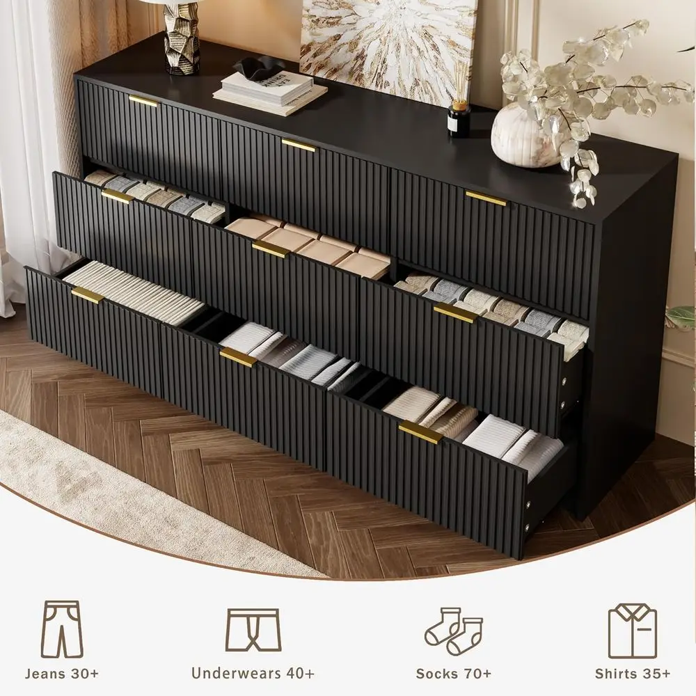 침실, 거실, 복도 수납용 금색 손잡이가 있는 63폭 검정색 나무 서랍장