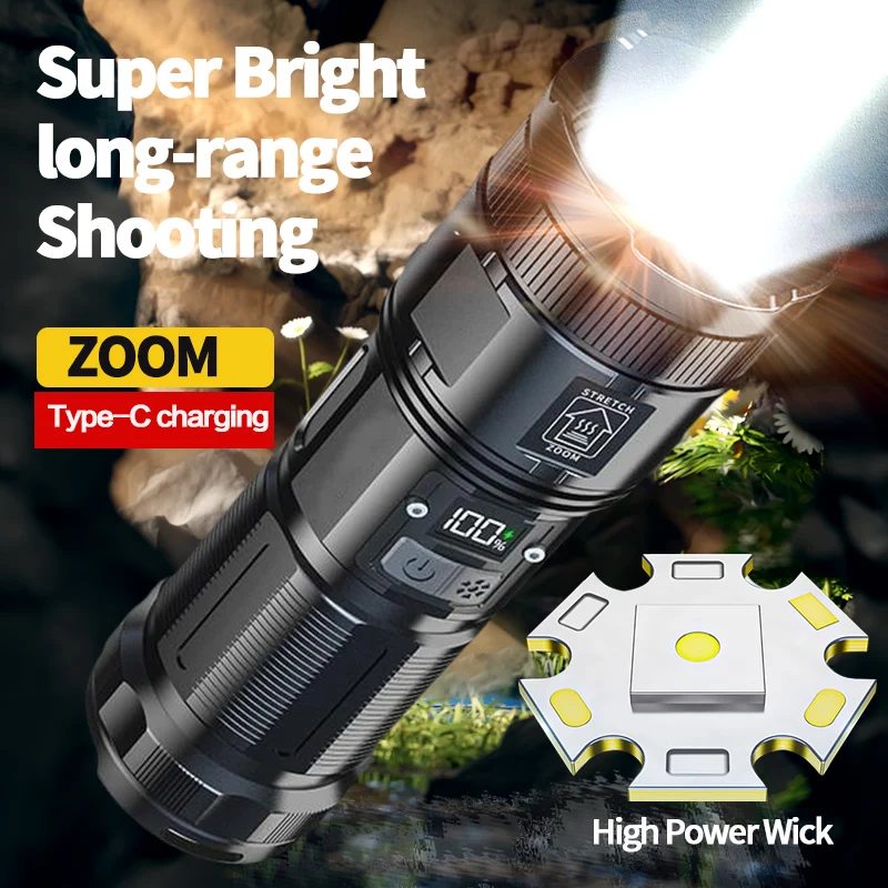 مصباح يدوي LED عالي الطاقة قابل لإعادة الشحن طويل المدى مع شاشة عرض COB فانوس ضوء خلفي بطارية مدمجة من النوع C شعلة ضوء قوية #1