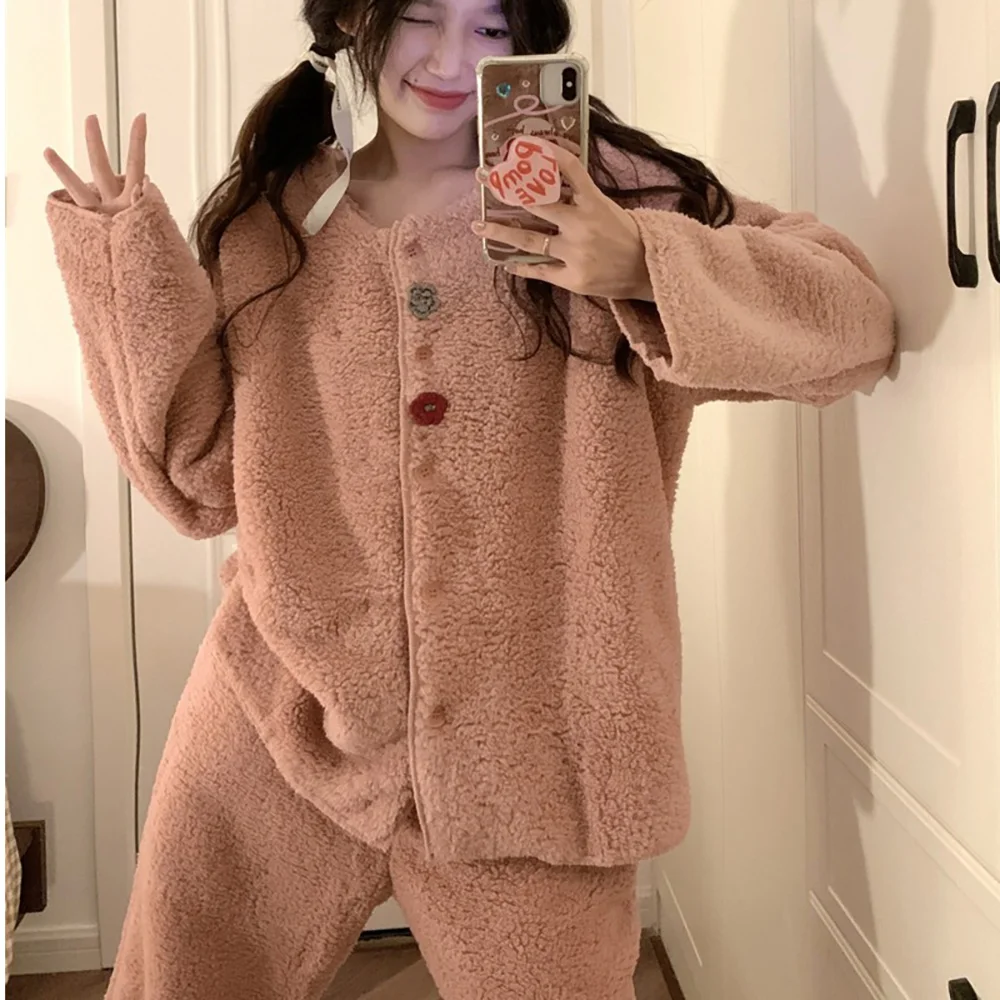 Korean Sweet Loose Women Home Sleepwear Suit Coral Fleece Long Sleeve Cardigan Pink Pajama Two-piece 2023 Winter Thick Nightgown