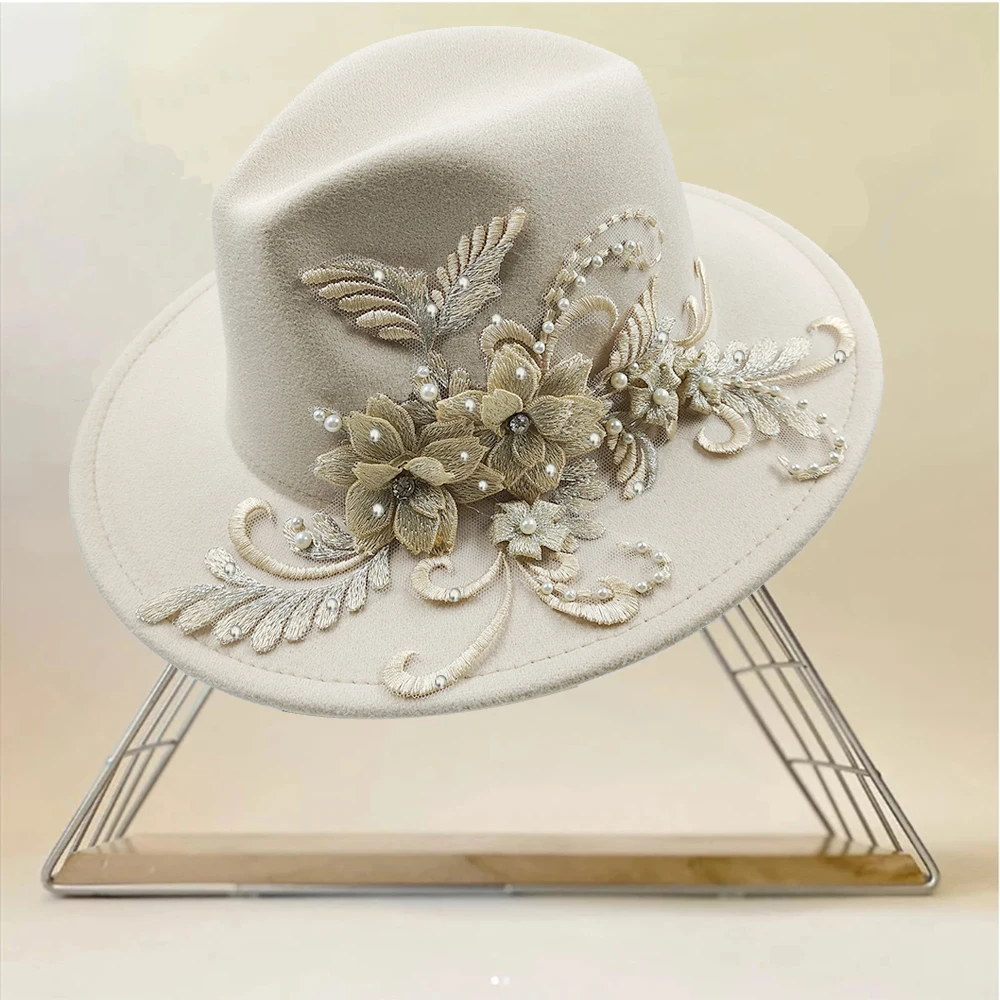 Nowa francuska elegancka damska kapelusz ślubny kolorowa moda dopasowana do filcowy kapelusz Fedora Panama sezonowa czapka 3D akcesoria kwiatowe