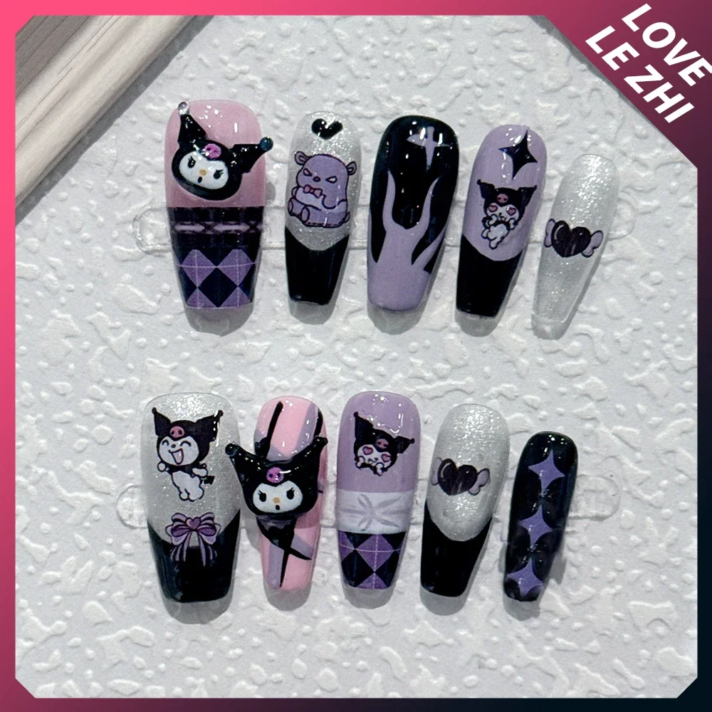 2024 New Kawaii Long Coffin Short Square 10Pcs Fake Nails HelloKitty Kuromi Cute Zoon 3D Handwork Full Cover Nail Tips Girl Gift