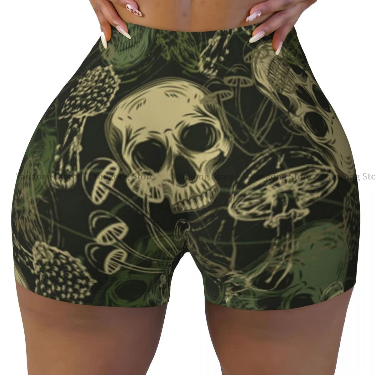 

Women's Yoga Shorts Grunge Camouflage With Skulls Mushrooms Scrunch Booty Butt Lifting Comfort Fitness Gym