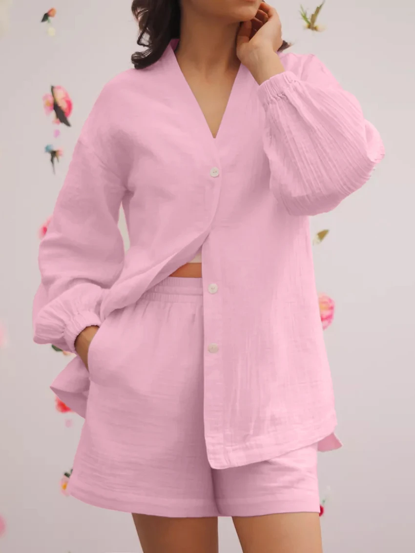 

Marthaqiqi Causal Ladies Sleepwear 2 Piece Suit Long Sleeve Nightgown Sexy V-Neck Pajama Shorts Female Loose Cotton Home Clothes