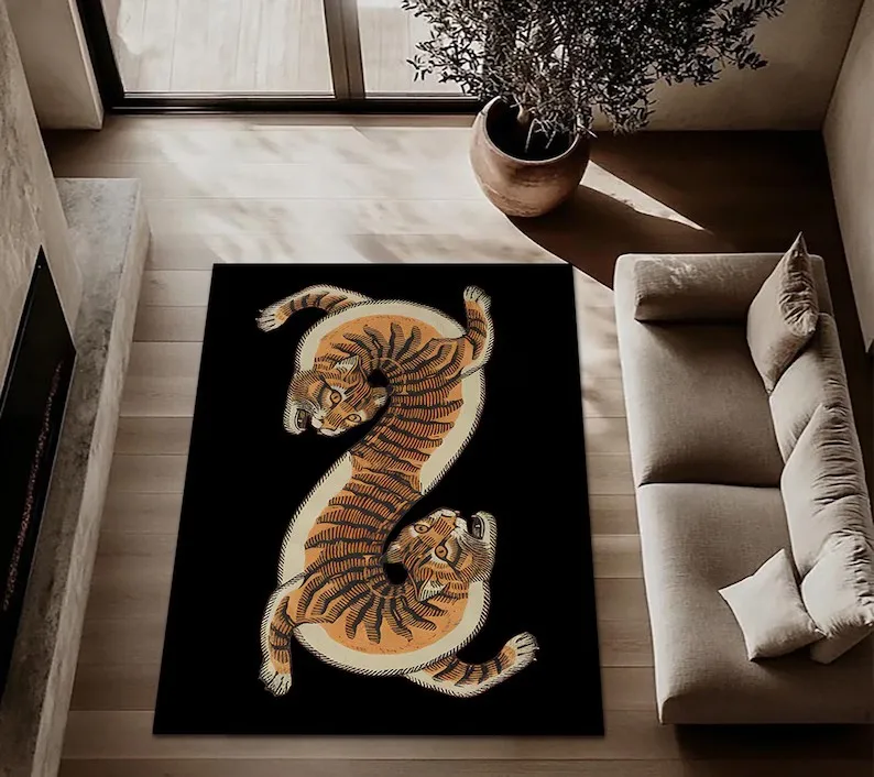 Art Tiger Animal Area Rug Vintage Floral Non-slip Carpet Living Room Bedroom Large Size Jungle Theme Soft Floor Mat Asian Style