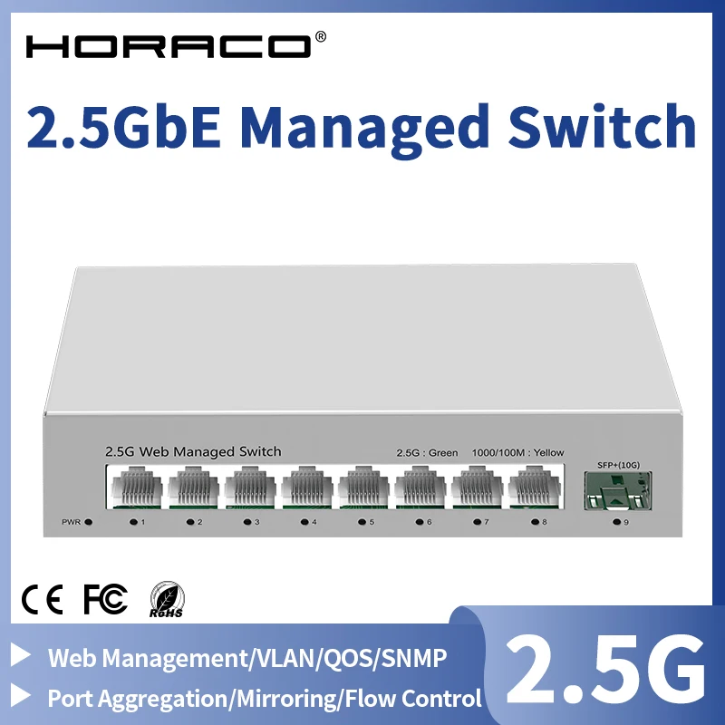 2.5GbE Managed Switch 8 Port 2.5GBASE-T Network Switcher 10G SFP+ Slot Uplink Web Managed Hub Internet Splitter Fanless