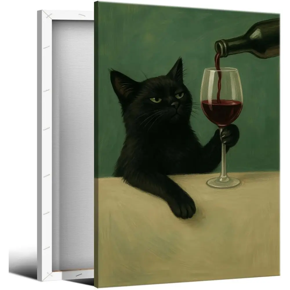 

Elegant Green Cat Artwork, Vintage-Inspired Music Animal Print, Bar Cart Wall Decor, Humorous Kitchen Canvas Art 24x36