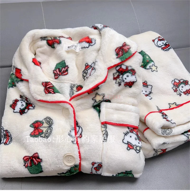 Sanrio Cartoon Pajama Pants Merry Christmas Kitty Flannel Pajama Pants Casual Christmas Day Gifts Home Pants Trousers New Hot