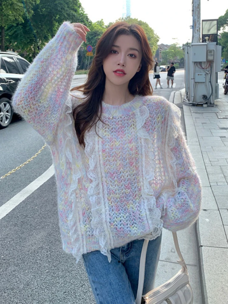 Spring Fall Goth Lolita Sweater Women Sweet Lace Patchwork Knitted Top Korean Fashion Kawaii Knitwear Sweaters Girly Y2k Clothes