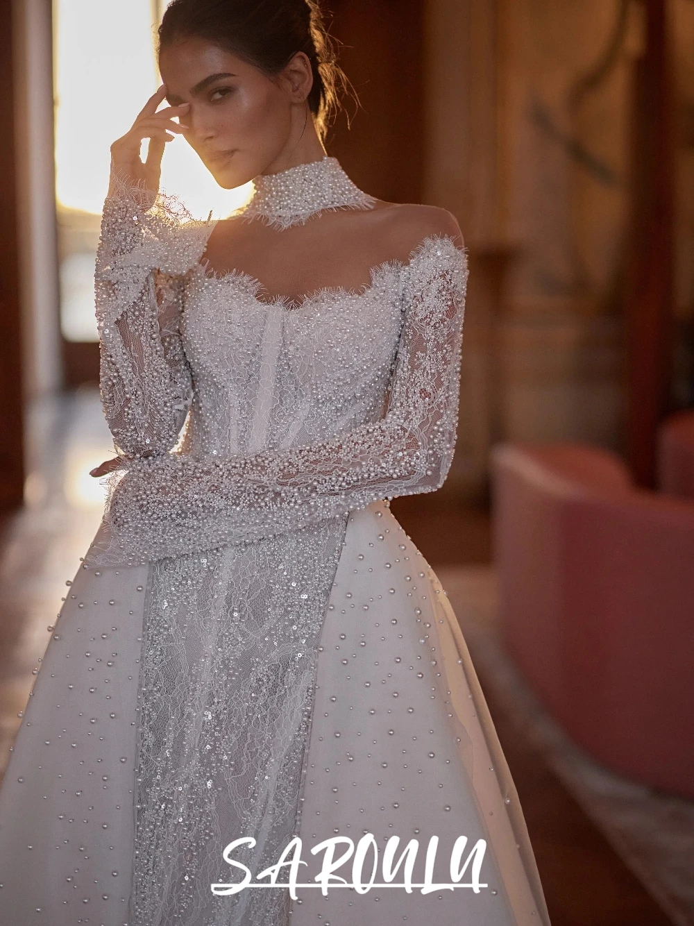 

Luxury Long Sleeve Lace Wedding Gown Pearls Beaded Two Pieces Formal Deliacte Romantic Wedding Dress With Sweep Train For Women