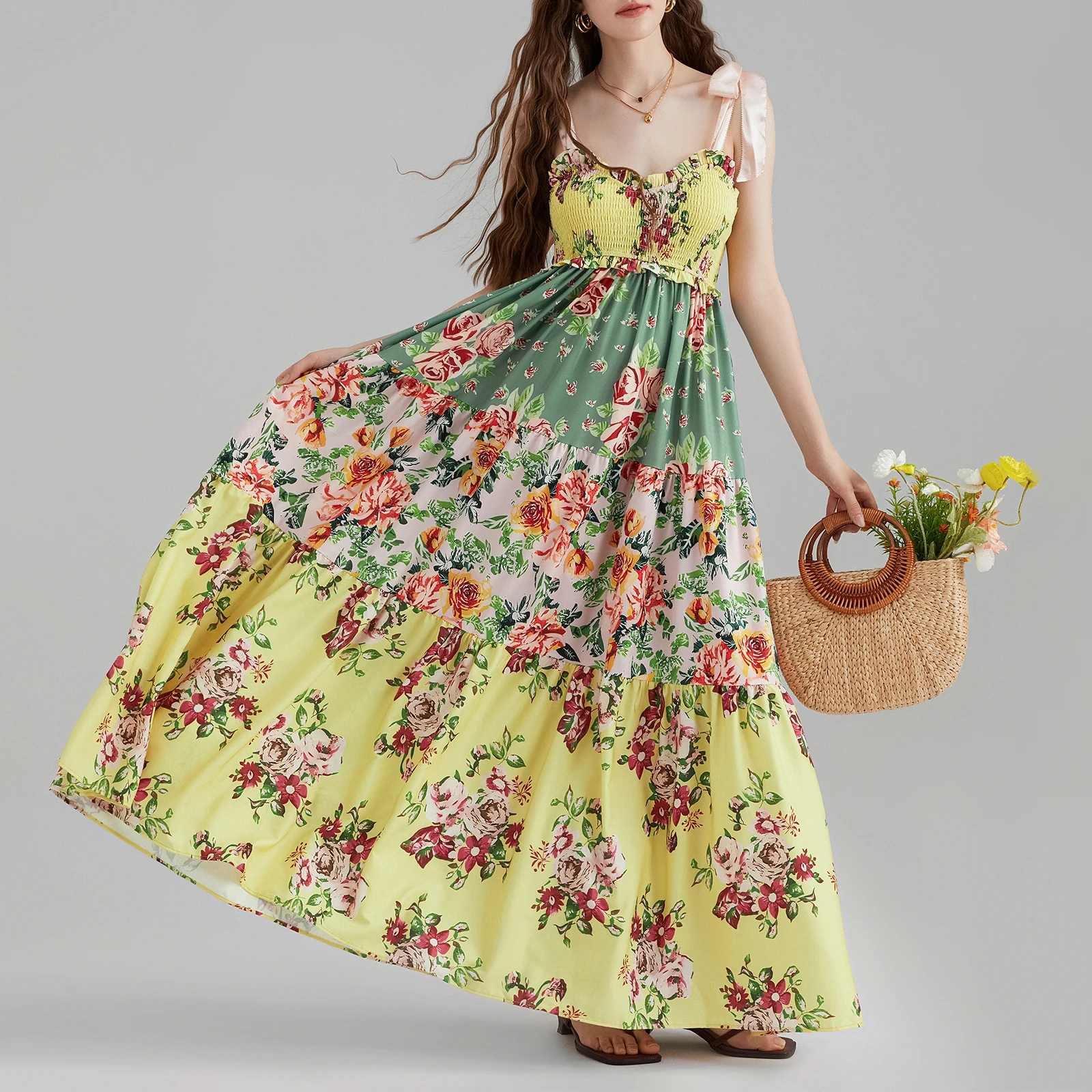 Vrouwen Zomer Retro Esthetische Jurken Flowy Maxi Jurk Mouwloze Stropdas Schouder Boho Jurken Y 2K Fairy Bloemen Strand Overgooiers