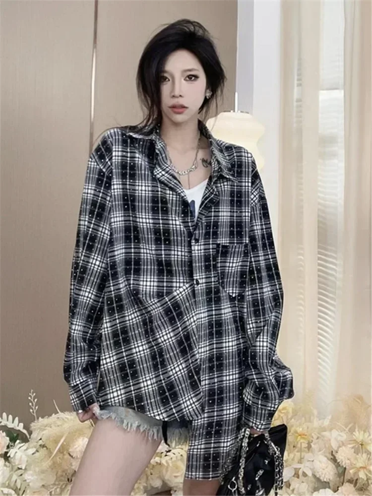 Korean Fashion Rhinestone Casual Shirt Coat Women's Autumn New Versatile Loose Long Sleeves Plaid Top Streetwear Women Blouse