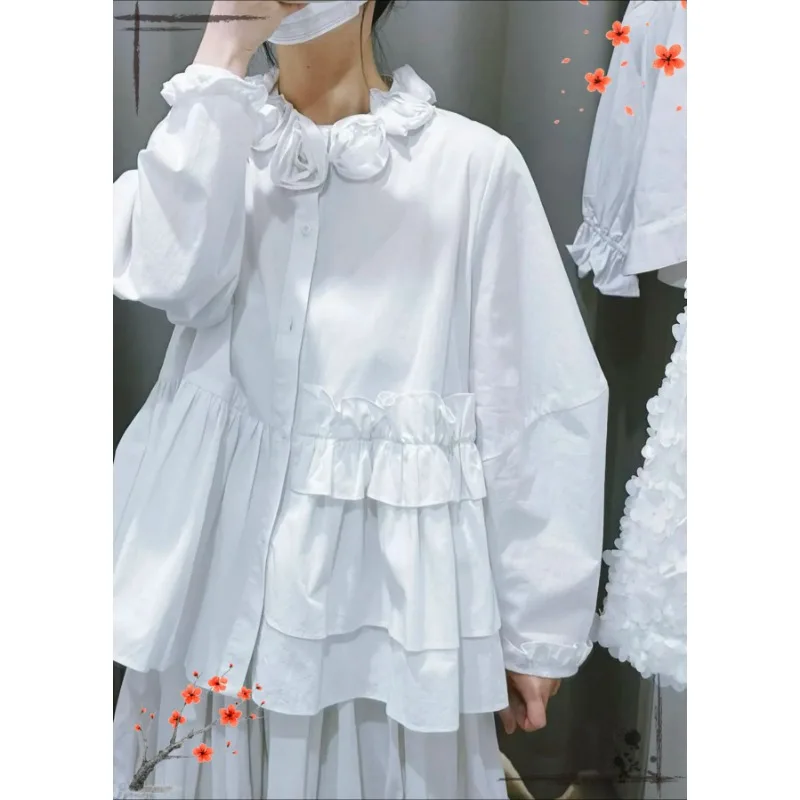 

2026 New Japanese-style Sweet Girls 3d Floral Collar Rose Design Long-sleeve Shirt and High-waisted Midi Skirt Solid Colo
