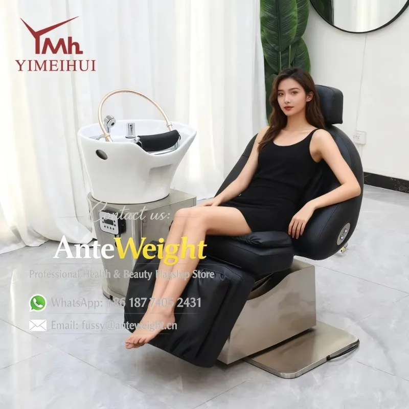 Modern Salon-Trending Client Comfort Station Semi-Recline Shampoo Chair Durable Waterproof Ceramic Basin Barbershop Beauty Salon